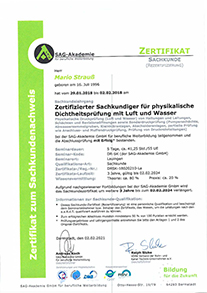 Sachkunde Zertifizierung für physikalische Dichtheitsprüfung mit Luft und Wasser