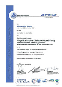 Sachkunde Zertifizierung für physikalische Dichtheitsprüfung mit Luft und Wasser