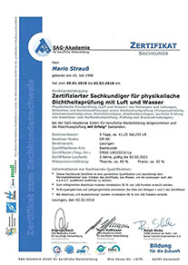 Sachkunde Zertifizierung für physikalische Dichtheitsprüfung mit Luft und Wasser